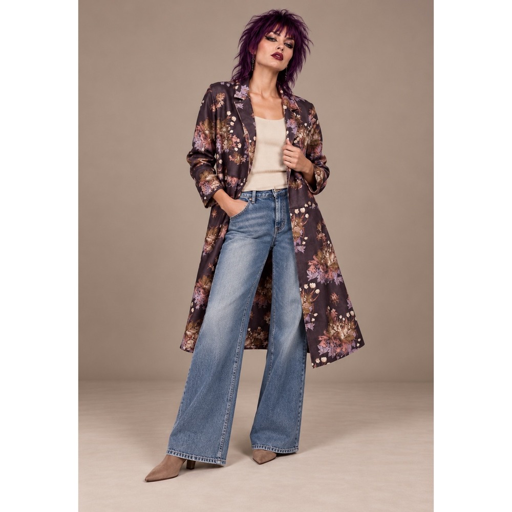 Tahari 1X Floral Faux Suede Jacket Duster Boho Layer